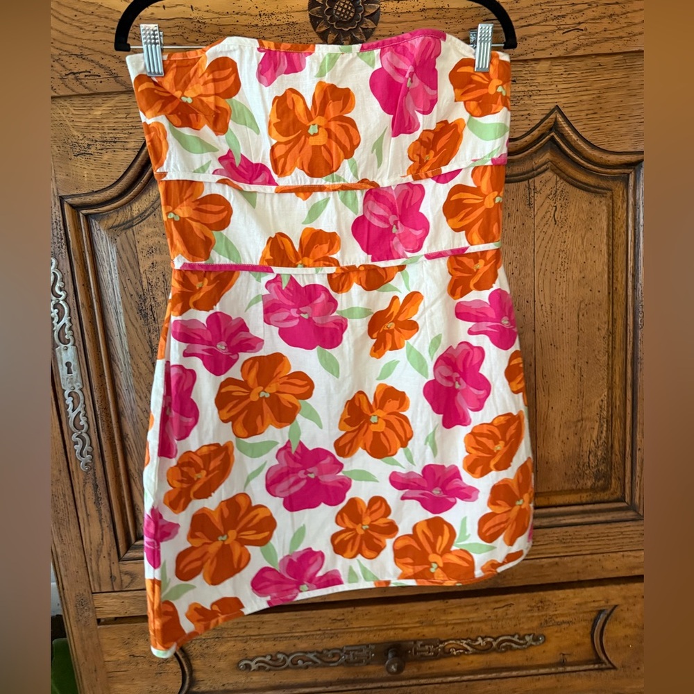 Sabo Skirt Strapless Floral Dress in Orange & Pink on White